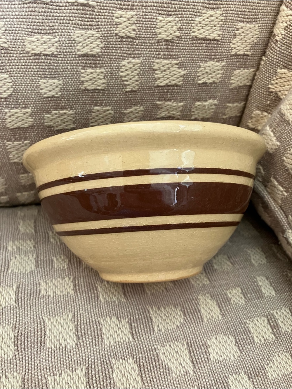 Antique Farmhouse Yellow Ware Brown Stripe Bowl 5”. Weller Pottery? So sweet!